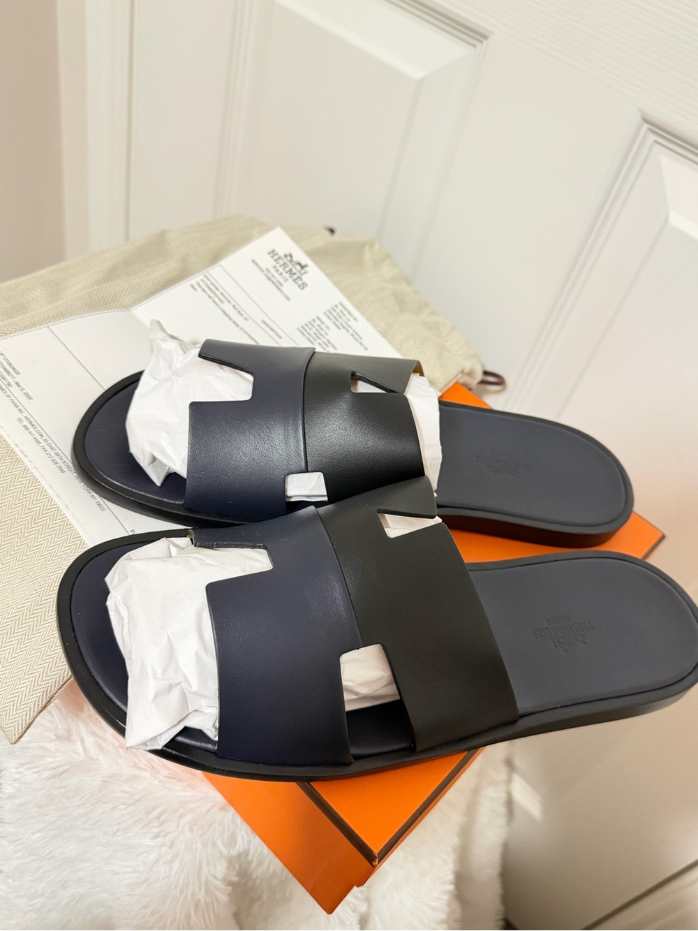 Hermes Men's Black Leather H-Logo Slide Sandals